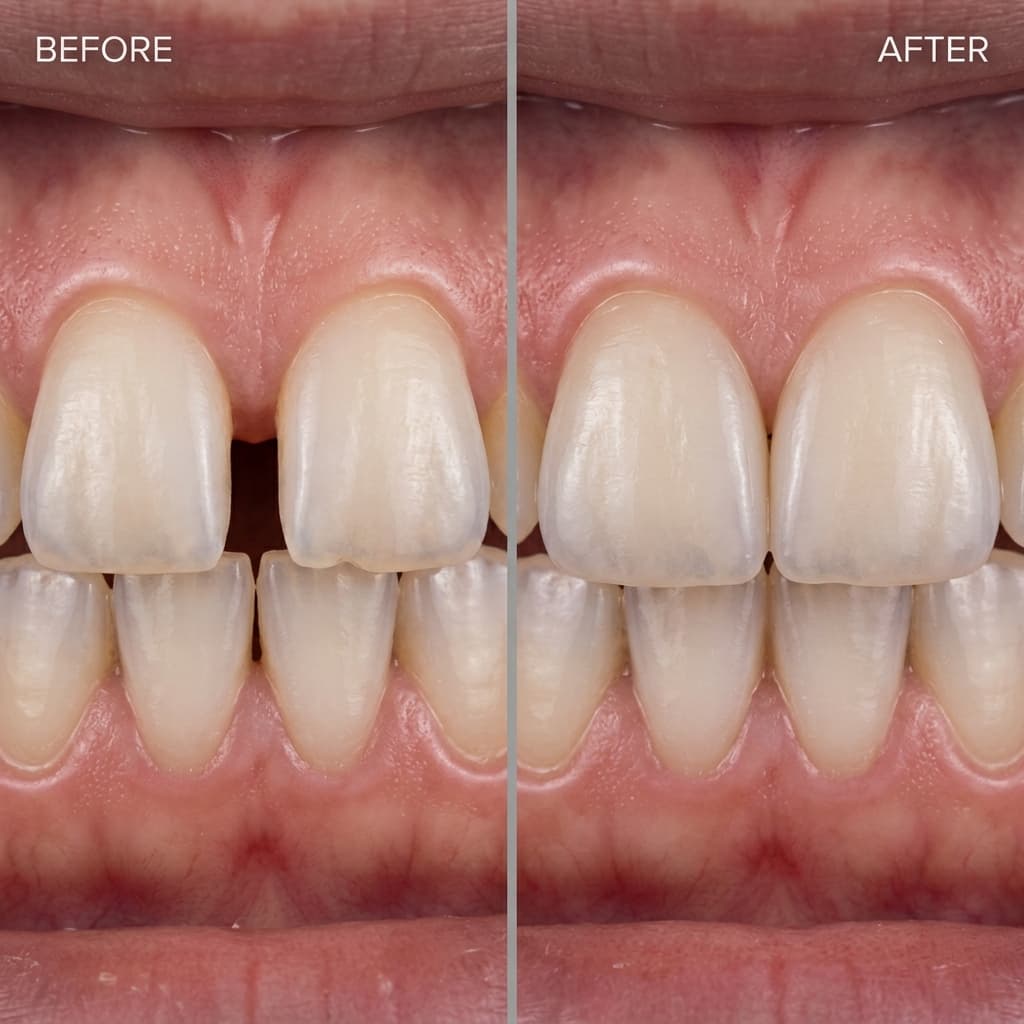 Before and after smile transformation, Diastema Gap Closure Composite Restoration